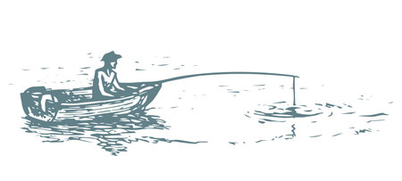 Retro guy person in hat sit on white summer sky scene backdrop. Outline black ink hand drawn marine rest tackle lure hook gear sign icon in vintage art doodle cartoon style pen on paper space for textのイラスト素材