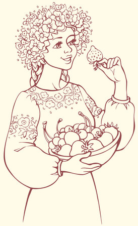 Vector freehand outline sketch picture. Wonderful young blonde girl in lush wreath of wildflowers cute smiling, holding dish of ripe yummy berries and looking at big juicy sweet strawberry in her handのイラスト素材