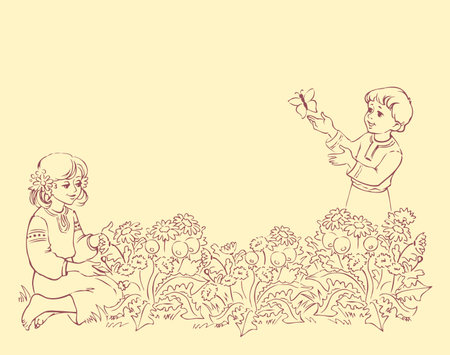 Vector decorative frame. Joyful children are walking in the meadow: a girl admires daisies and dandelions, and a boy playing with a butterflyのイラスト素材