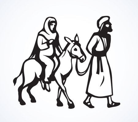 Happy wife Maria on animal and husband Josef go ride walk on light white sky background for text. Line black hand drawn old merry xmas come eve story sign icon sketch in retro art doodle cartoon styleのイラスト素材