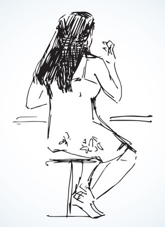 Modern cute funny long hair pictogram on light street cafeteria backdrop. Freehand linear black ink logo emblem picture design in retro art scribble comic style pen on paper. Rear behind closeup viewのイラスト素材