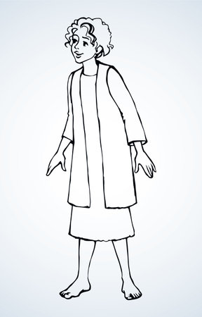 Young arabia uae israeli medieval nomad iranian syrian man in old male judaic syria ethnic white robe tunic. Black line hand drawn happy smile holy girl icon symbol sketch in retro art graphic styleのイラスト素材
