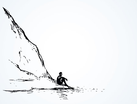 Cliff calm remote scene on high riverbank. Line black ink hand drawn sad lone young girl on space for text on white sky. Wild spring Alpine waterfront pond peace view picture in art vintage doodle styleのイラスト素材