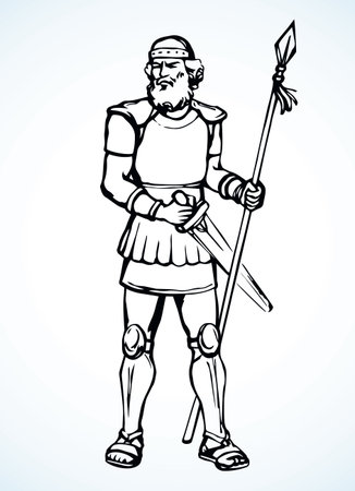 Brave aged noble male bearded greek king defender hero stand. Outline black hand drawn strong jew past human sign icon. Jewish saber blade force logo. Retro white biblic Israel art cartoon line styleのイラスト素材