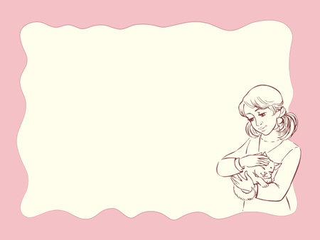 Vector frame on a pink background with a girl hugging her beloved kittenのイラスト素材