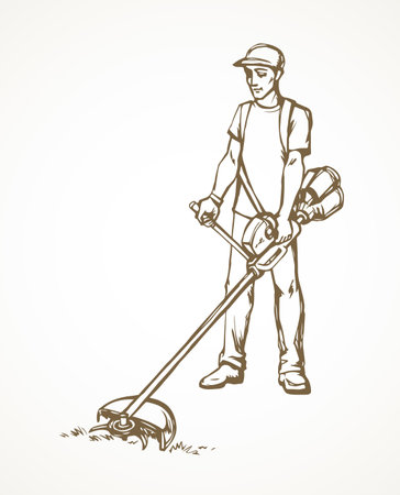 Handle grasscutter scythe device on white sky space for text. Freehand line black hand drawn manual labor plant turf shear home chore machinery logo pictogram sign icon in modern clip art doodle styleのイラスト素材