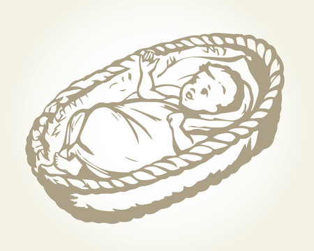 Closeup view exodus cute newborn israeli slave male human cry. White Nile grass bush plant scene text space. Black ink hand drawn king sleep logo icon sign design. Retro church art doodle line styleのイラスト素材