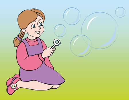 Vector illustration. The girl inflates soap bubblesのイラスト素材
