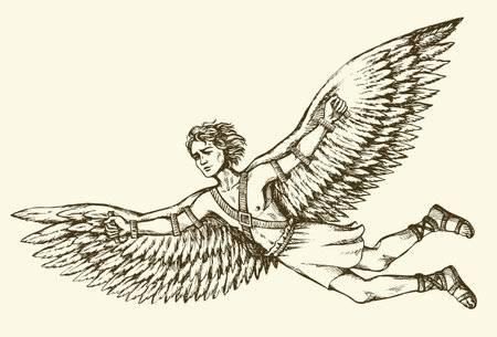 Greek Mythology character ICARUS is son of master craftsman DAEDALUS. Vector monochrome freehand ink drawn background sketchy in art scribble antiquity style pen on paper with space for text