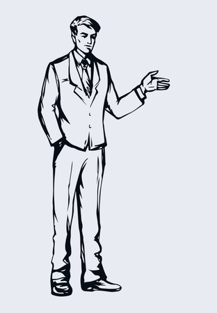 Adult modern handsome elegant guy at casual office labor isolated on white backdrop. Freehand outline ink drawn picture icon sketchy in retro art doodle style pen on paper with space for text on wallのイラスト素材