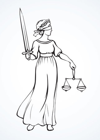 Blind fair justitia lady figure on white courtroom paper background. Old classic civil jail Femida statue pictogram. Black line draw jurisdiction order logo emblem sketch in ancient art cartoon styleのイラスト素材