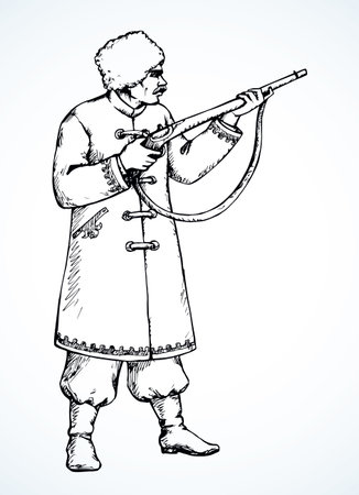 Sport shot handgun carbine icon sign design outline black hand drawn security kill target bullet musket attack. Ancient age human cossack hat cloth guard soldier gunner line art style white text spaceのイラスト素材