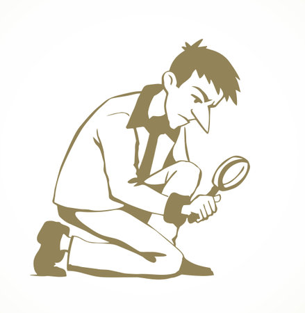 Funny male human worker care. Outline black drawn fun organic green plant leaf grow field insect icon sign symbol concept. vintage art doodle curiose line style. White closeup outdoor view text spaceのイラスト素材