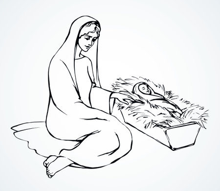 Happy hay symbol scene on light white paper greet card text space. Line black hand drawn cute merry Lord messiah night noel lady love icon sign picture sketch in joy ancient art cartoon story styleのイラスト素材