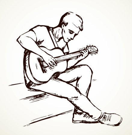 Adult human arm finger compose band tone. Outline black drawn boy talent ukulele fret neck relax line logo sign icon design in retro doodle country cartoon style. Closeup view scene white text spaceのイラスト素材