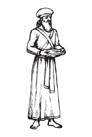 Moses torah historic divine ministry culture. Old bearded Aaron in tunic, turban with blood of sacrifice sin. Line black ink hand drawn judaic levit leader sketch in vintage art east engrave silhouette styleのイラスト素材