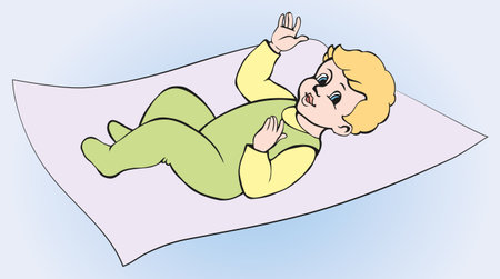Vector illustration. Little baby in coveralls lies on the bedspreadのイラスト素材