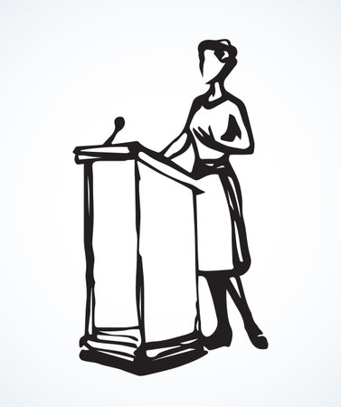 Government election narrator talk oratory isolated on white stage backdrop. Freehand linear black ink hand drawn picture logo sketchy in retro scribble graphic style pen on paper with space for textのイラスト素材
