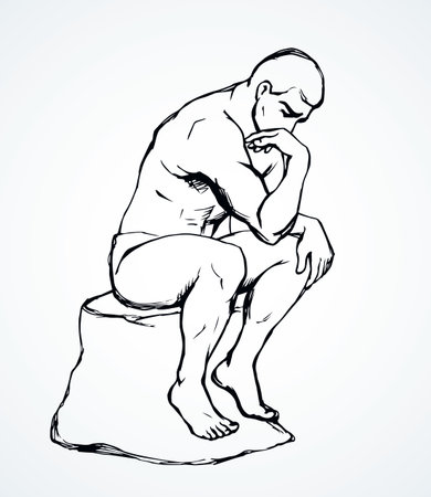 Classic french carve naked Poet on white text space. Outline black ink hand drawn logo nude ponder memory ask question why faq image sign design in retro artist doodle cartoon style. Closeup line viewのイラスト素材