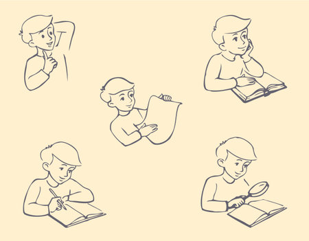 Vector icons student performing different tasks: thinking, speaking, reading, writing, exploring, show and tellのイラスト素材