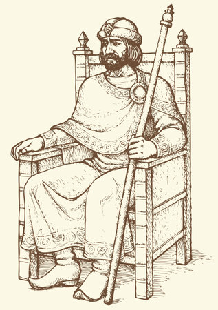 Noble great wise bearded aged Knyaz of Kievan Rus sit on luxury ornate wooden gilded seat with regal rod in hand and hat. Vector freehand ink drawn background sketch in art antiquity engraving styleのイラスト素材