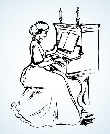 Young teacher learn compose outline on old white forte. Line black ink drawn skill arm press chord tone octave concept leisure theater show culture in ancient cartoon history style on paper text spaceのイラスト素材