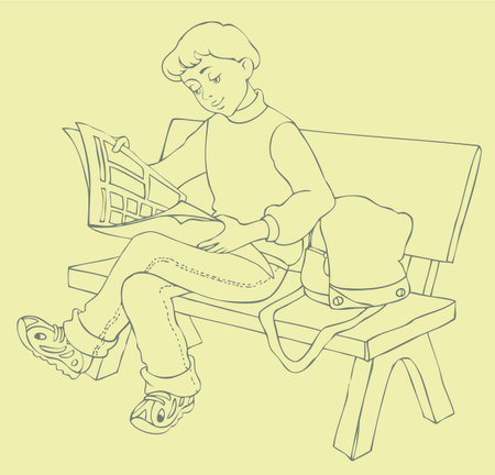 Vector Image. Young readers sat on a bench in the park read a magazineのイラスト素材