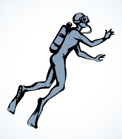 Child boy hunter oxygen fun white summer tropic aqua coral reef fish pool. Outline black drawn male human kid tourist logo design. Closeup work wetsuit swimwear view cartoon art doodle sketch styleのイラスト素材