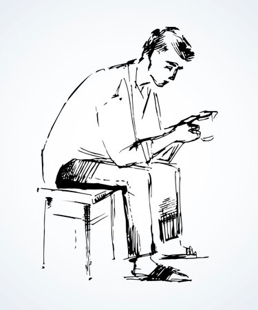 Sin depressed sorrow worry beg young arm eat cup of tea on white paper. Freehand outline coffee concept logo pictogram sign icon. Black ink drawn youth body emblem in retro art scribble cartoon styleのイラスト素材
