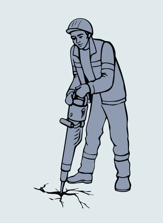 Cartoon young labor person in overall and helmet with jack hummer machine removes cement for highway renovation isolated on white backdrop. Hand drawn picture sketch in retro style with space for textのイラスト素材
