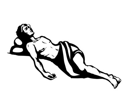 Greek healthy victim relief. Back home bedroom couch. Outline black drawn adult roman ill strip sick portrait icon picture. Retro holy jew biblic old jewish beauty hair line art hebrew cartoon styleのイラスト素材