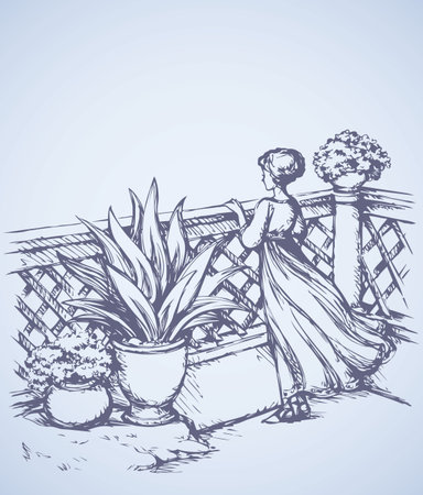 Slim pretty Lady in fashion long gown on porch. Freehand outline ink hand drawn picture sketch in art retro engraving graphic style pen on paper. Romantic rear view with space for text on clear skyのイラスト素材