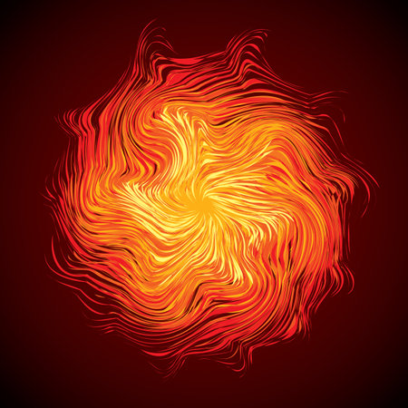 Artistic bright warm red burn circle midpoint drawing shape design. Optical illusion fuzzy sphere form in art cartoon creative style. Yellow color motley power boom ball symbol on dark space for textのイラスト素材