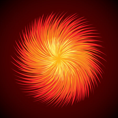 Artistic bright warm red burn circle midpoint drawing shape design. Optical illusion fuzzy sphere form in art cartoon creative style. Yellow color motley power boom ball symbol on dark space for textのイラスト素材
