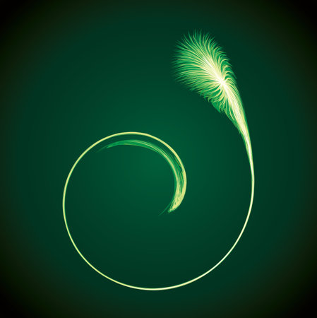 Bright circular white midpoint drawing wave flame shape art design. Fuzzy magic laser sphere form in modern creative fur line style. Lime color power sun boom ball symbol on dark night space for textのイラスト素材