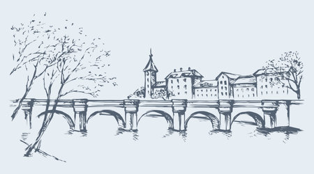 Aged bridgework road on lake district scene. Freehand line black ink hand drawn picture sketchy in art retro doodle contour style pen on paper. Panoramic scenic view with space for text on white skyのイラスト素材
