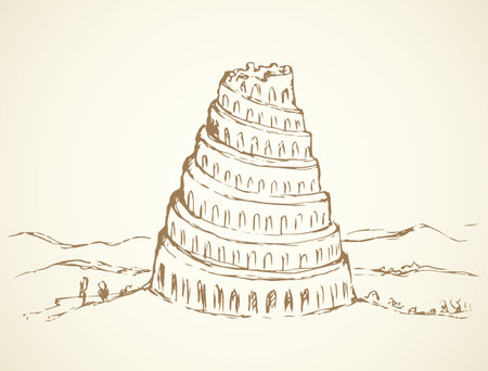 Famous biblic story of aged sumer babil tall palace. Big nimrud fortress exterior scene. Middle east assyrian empire country view. Hand drawn ink picture icon sketch in art retro engrave cartoon styleのイラスト素材