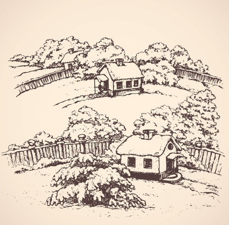 Cute cozy wooden chalet edifice isolated on white backdrop. Freehand line black ink hand drawn picture sketchy in art retro doodle engraved graphic style. Scenic view and space for text on evening skyのイラスト素材