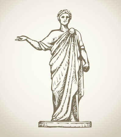Noble myth aristocrat orator in toga cloak with laurel wreath on head and scroll manuscript in hand isolated on white background. Freehand outline ink drawn picture sketch in empire style pen on paperのイラスト素材