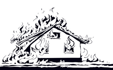 Closeup view red cottage estate exterior tragedy ruin. Light white paper text space. Outline black hand drawn hut property object safe life logo pictogram emblem concept design. Retro art doodle styleのイラスト素材