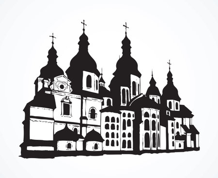 Saint Sophia Cathedral in Kiev, Ukraine. Vector monochrome freehand drawn sketching in style of pen on paper isolated on white background with space for textのイラスト素材