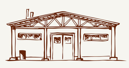 Modern big red metal close bar shack facade gate set on white sky text space. Outline black hand drawn old historic organic food land hay plant farmer store logo image design. Retro art cartoon styleのイラスト素材