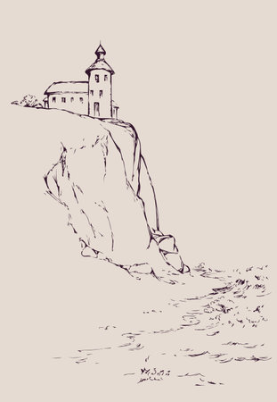 Summer dusk scene. Path to high guide point lamp searchlight for ship on top of steep cape bank. Outline ink hand drawn picture sketch in art retro style pen on paper with space for text on white skyのイラスト素材