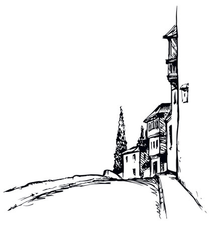 Aged romantic autumn downtown square place view medieval park alley. Freehand outline black ink hand drawn picture in retro art doodle engrave print style pen on paper text space on white sky backdropのイラスト素材