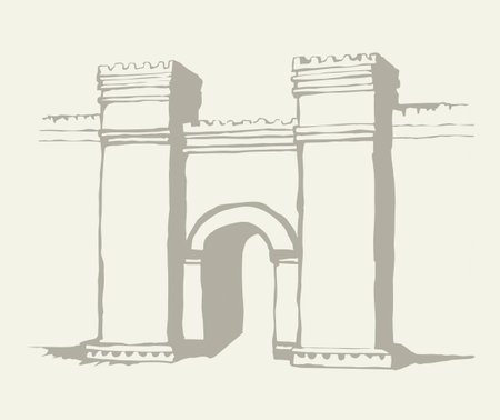 Asia Arabia hebrew town line brick scene on white sky text space. Outline black hand drawn eastern jew logo icon sign in retro artist engrave middle orient asian arab religion bible style. Front viewのイラスト素材