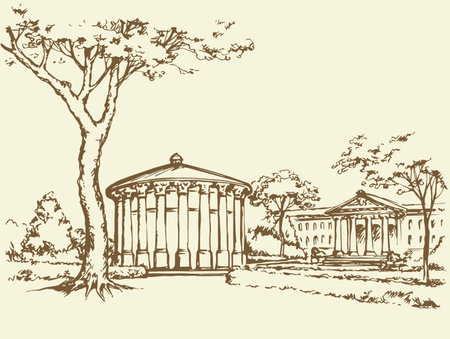 Classic vintage town alcove bandstand scene. Freehand line black ink hand drawn picture sketchy in art retro doodle style pen on paper. Scenic alley road bower view with space for text on white skyのイラスト素材