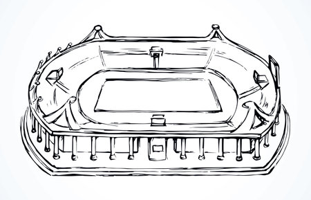 Old big urban empty ballpark grass lawn area. Line black ink hand drawn college lane row theater frame background. Cup icon in retro art cartoon style on paper space for text. Outline plan top viewのイラスト素材