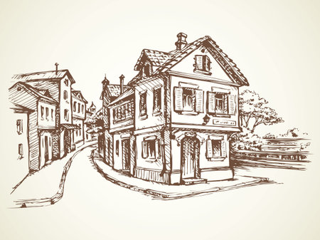 Aged romantic summer downtown place with medieval edifice. Freehand linear ink hand drawn picture sketchy in art retro scribble graphic style pen on paper with space for text on white sky backdropのイラスト素材