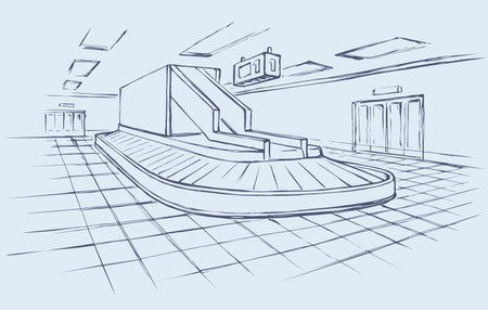Air empty logistic schedule cargo carousel band track on white background. Black line hand drawn trip gate trolley pick machine design sketch in modern cartoon style pen on paper with space for textのイラスト素材