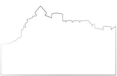 Eastern Belgorod country, Odessa region view. Arabic stone rock wall palace ruin on hill scene at sea bay sky. Outline black hand drawn aged picture in art retro engraved style on white paper for textのイラスト素材